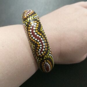 Brown Wooden Dot Painted Swirl Cuff Bangle Statement Bracelet